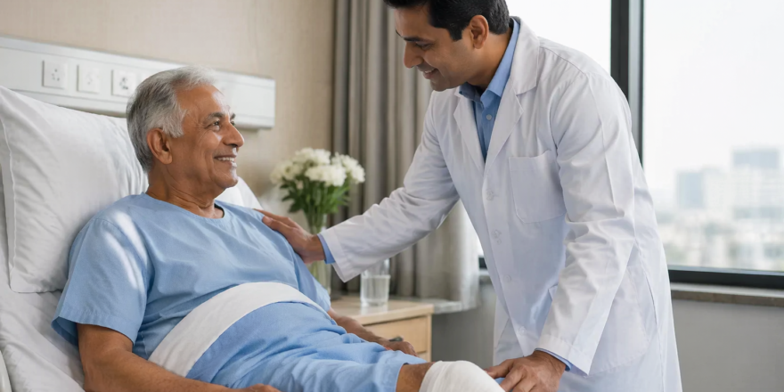 Patient recovering after robotic knee replacement surgery with doctor in modern hospital room