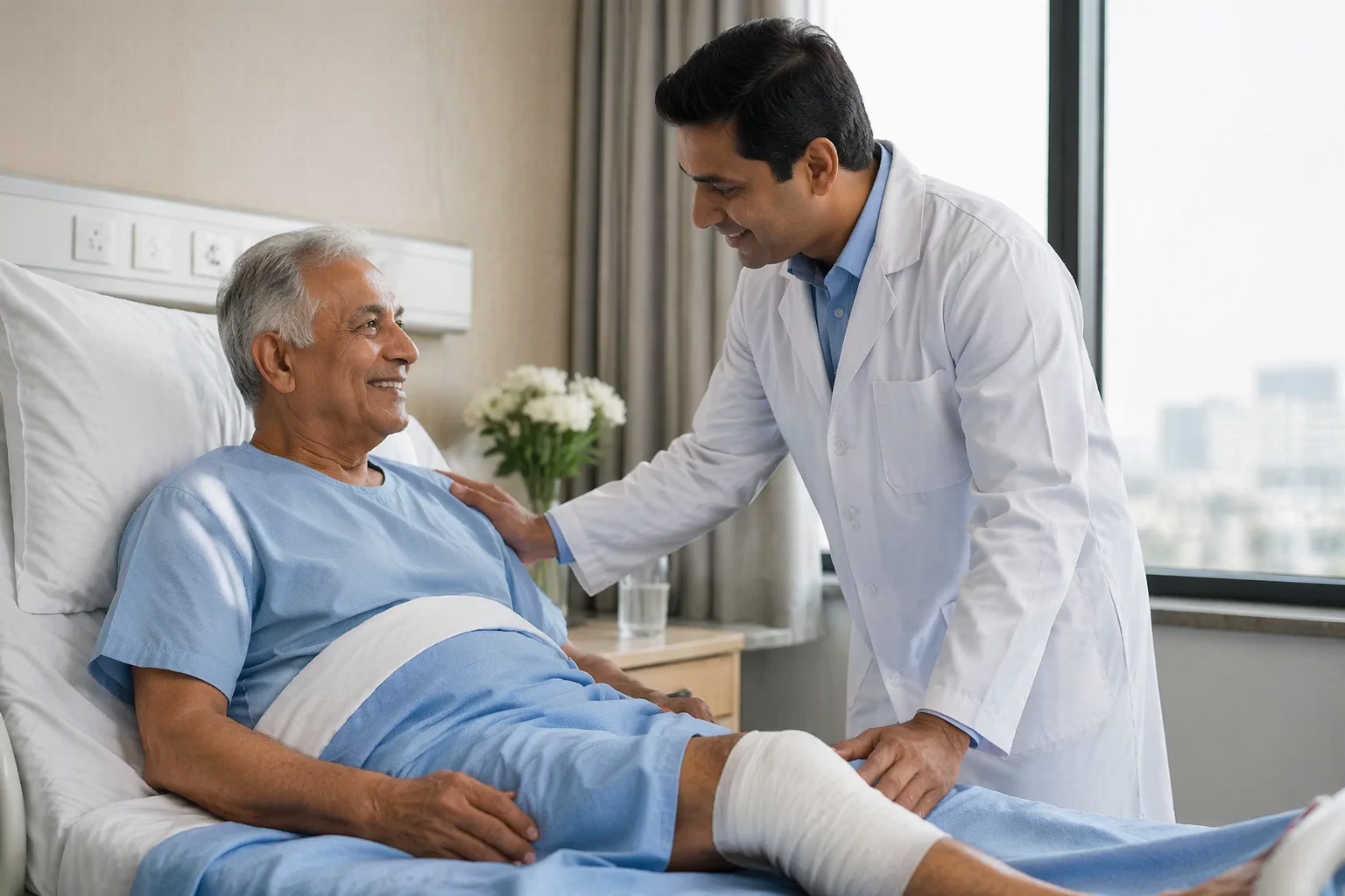 Patient recovering after robotic knee replacement surgery with doctor in modern hospital room