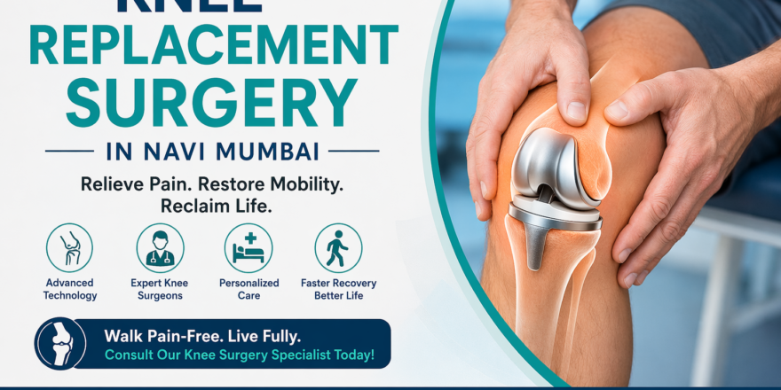Knee replacement surgery illustration showing artificial knee joint with medical benefits and expert care in Navi Mumbai