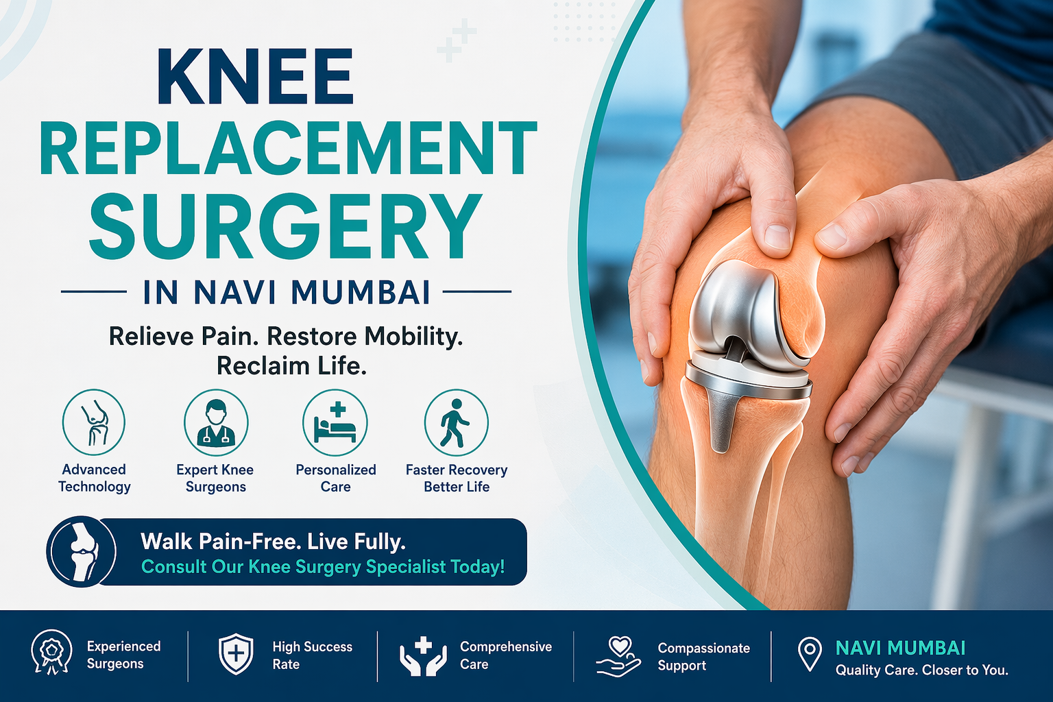 Knee replacement surgery illustration showing artificial knee joint with medical benefits and expert care in Navi Mumbai